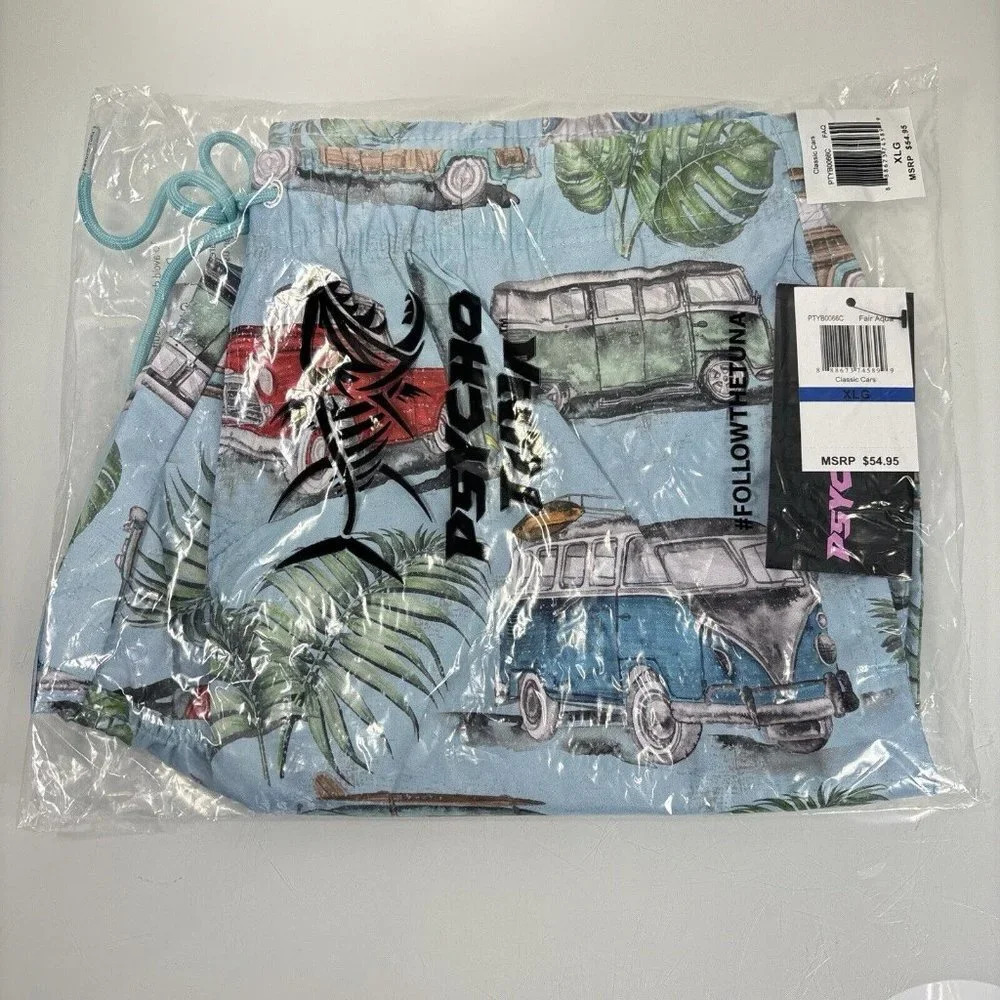 Psycho Tuna Surf Life Blue Vintage Cars Swim Trunks Board Shorts Size XLG NWT - Picture 4 of 6